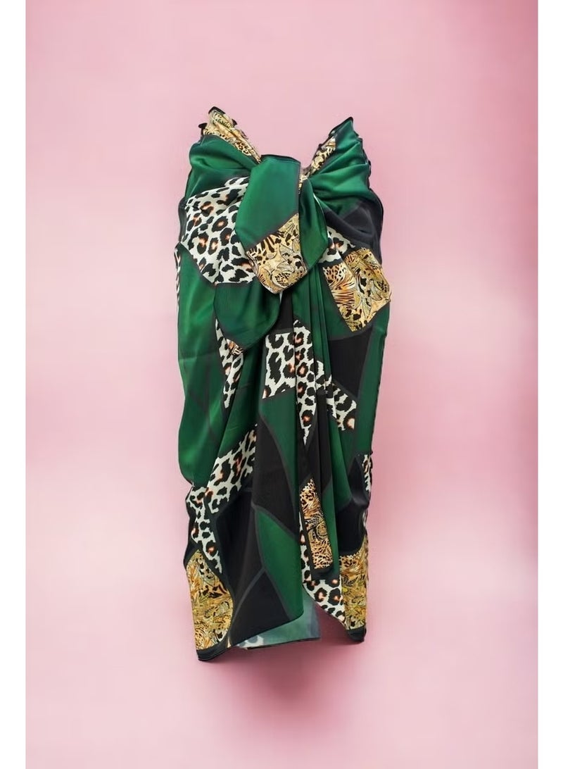 Pistore Green Leopard Patterned Long Pareo Satin Women's Beach Dress New Season - Image 2